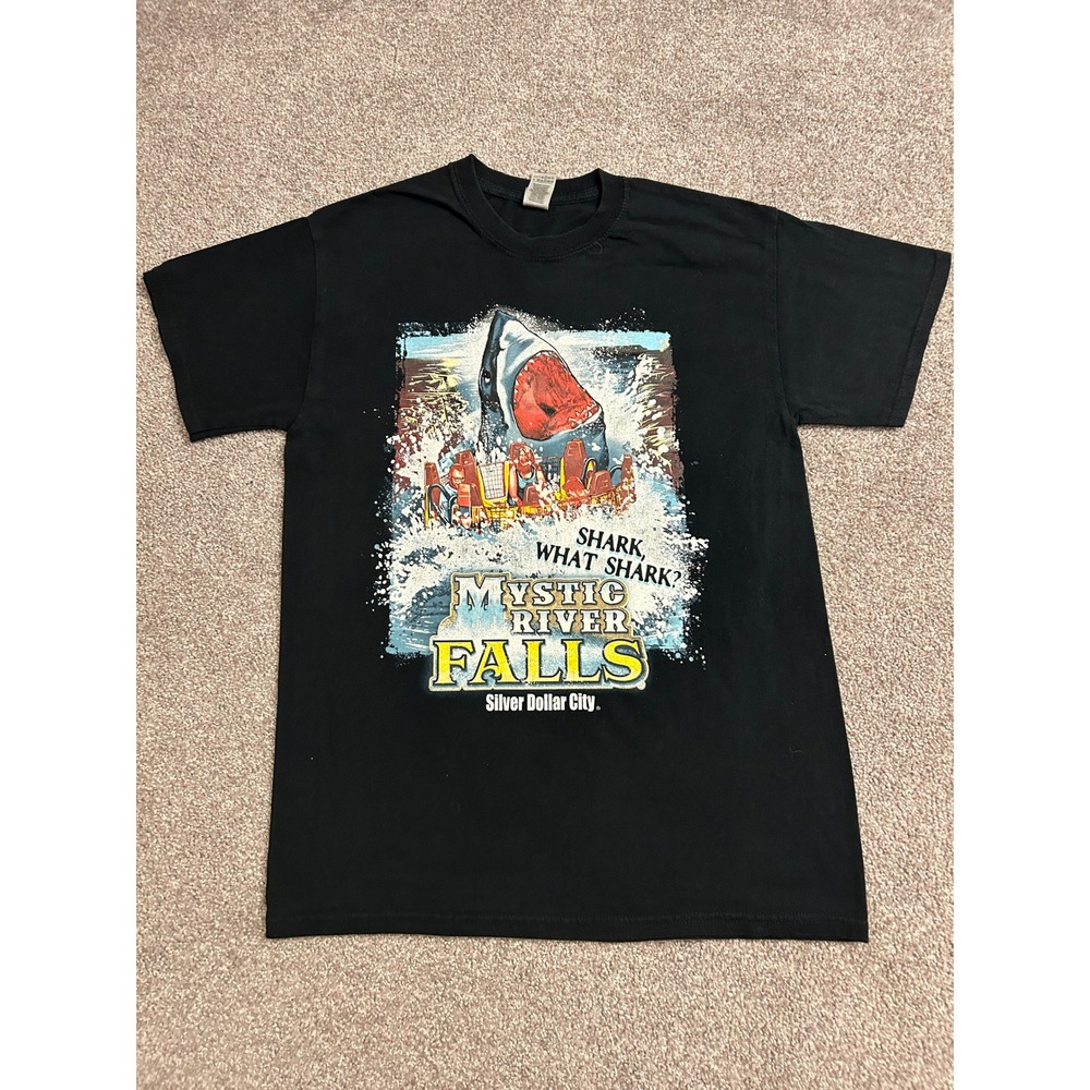 Mystic River Falls T-Shirt Mens M Black Excellent Shark Graphic SDC